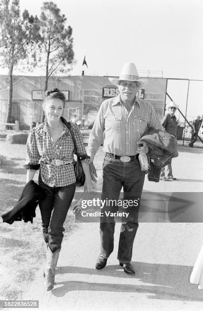 Judy Keel and Howard Keel attend an event, benefitting the American Cancer Society, at the Circle T Ranch in Westlake, Texas, on June 19, 1984.