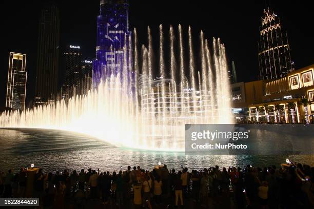 View of Burj Khalifa and the Dubai Fountain during show in Dubai, United Arab Emirates on November 29, 2023.