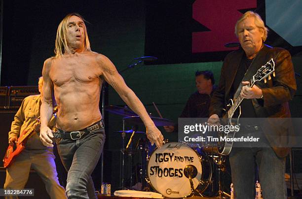 Iggy Pop, Scott Asheton, and James Williamsonof Iggy and the Stooges perform as part of C2SV Music Festival Day Three at St. James Park on on...