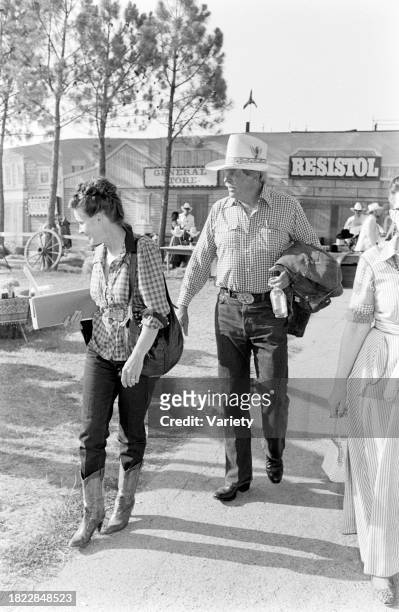 Judy Keel and Howard Keel attend an event, benefitting the American Cancer Society, at the Circle T Ranch in Westlake, Texas, on June 19, 1984.