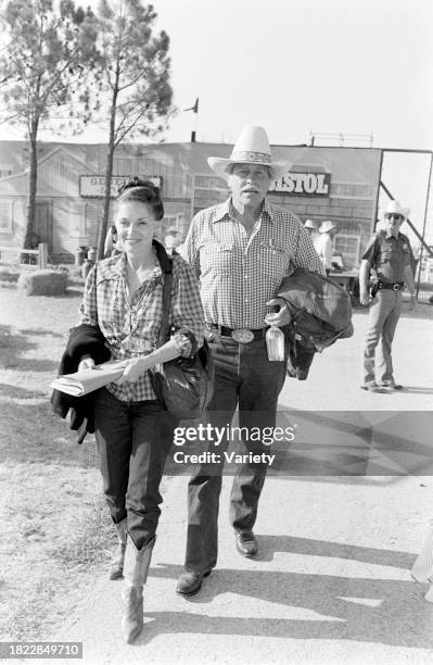 Judy Keel and Howard Keel attend an event, benefitting the American Cancer Society, at the Circle T Ranch in Westlake, Texas, on June 19, 1984.