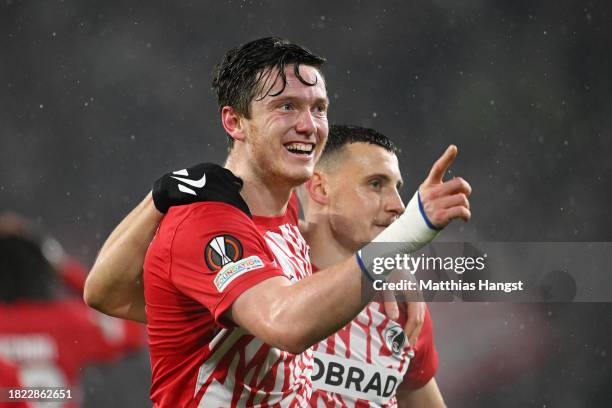 Michael Gregoritsch of Sport-Club Freiburg celebrates after scoring the team's third goal and his hat-trick during the UEFA Europa League match...