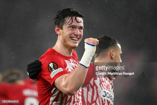 Michael Gregoritsch of Sport-Club Freiburg celebrates after scoring the team's third goal and his hat-trick during the UEFA Europa League match...