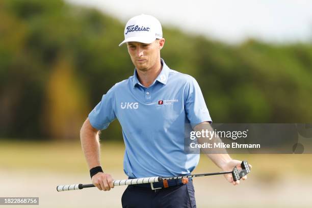 Will Zalatoris of the United States prepares to putt on the third green during the first round of the Hero World Challenge at Albany Golf Course on...