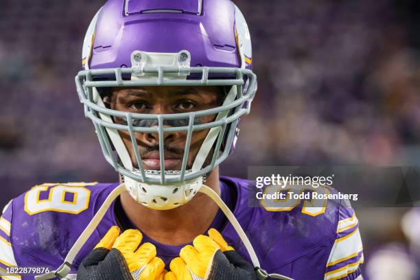 Linebacker Danielle Hunter of the Minnesota Vikings looks on prior to an NFL football game against the Chicago Bears at US Bank Stadium on November...