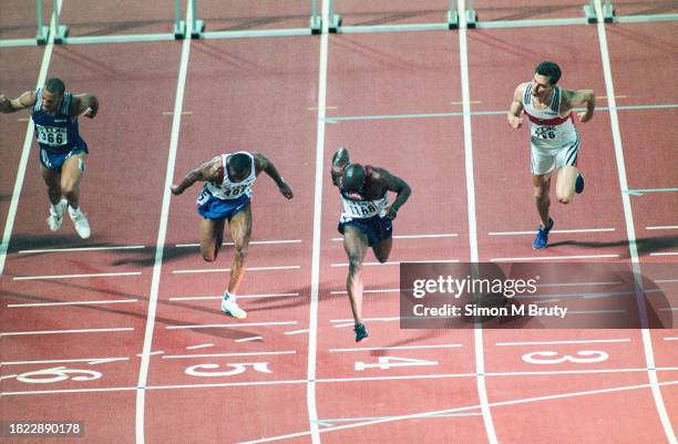 Allen Johnson of the USA winning the Men's 110m hurdles with Colin Jackson of Great Britain finishing 2nd, Florian Schwarthoff of Germany finishing...