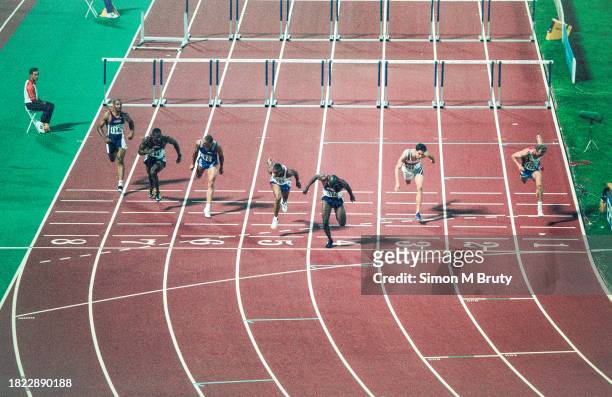 Allen Johnson of the USA winning the Men's 110m hurdles with Colin Jackson of Great Britain finishing 2nd, Florian Schwarthoff of Germany finishing...