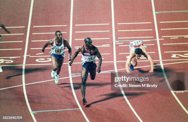 Allen Johnson of the USA winning the Men's 110m hurdles with Colin Jackson of Great Britain finishing 2nd and Florian Schwarthoff of Germany...