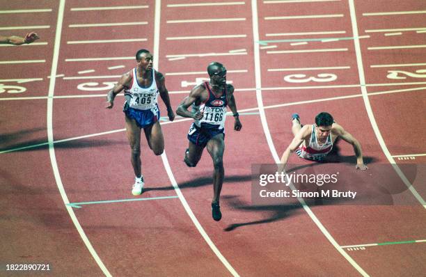 Allen Johnson of the USA winning the Men's 110m hurdles with Colin Jackson of Great Britain finishing 2nd and Florian Schwarthoff of Germany...