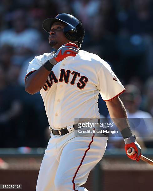 Tony Abreu of the San Francisco Giants bats against the San Diego Padres during the game at AT&T Park on Saturday, September 28, 2013 in San...