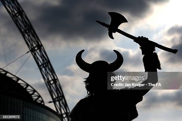 Vikings fan poses ahead of the NFL International Series game between Minnesota Vikings and Pittsburgh Steelers at Wembley Stadium on September 29,...