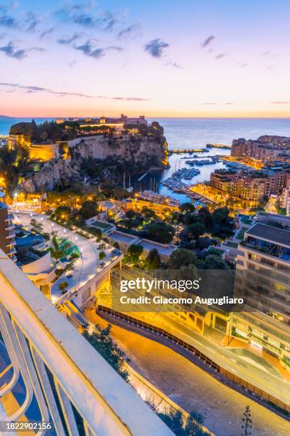 overview of palais du prince and harbour of montecarlo, monaco - monaco ville fotografías e imágenes de stock