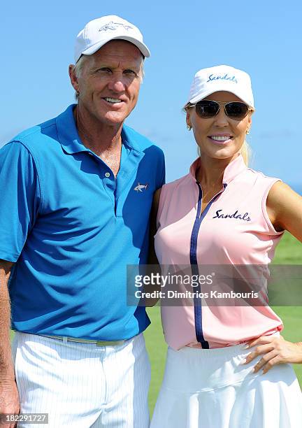 Professional Golfer Greg Norman and Gretchen Rossi attend the Golf Clinic with Greg Norman and Golf Tournament during Day Three of the Sandals...