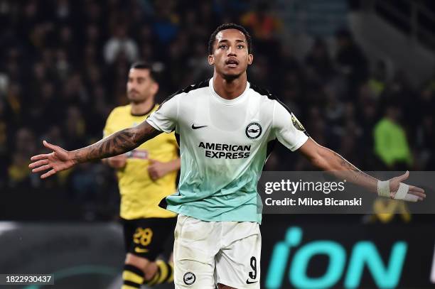 Joao Pedro of Brighton & Hove Albion celebrates after scoring the team's first goal from the penalty spot during the UEFA Europa League 2023/24 match...