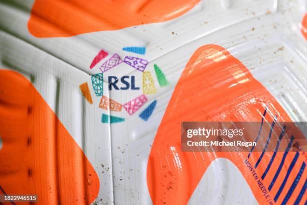 View of the league logo on the official match ball during the Saudi Pro League match between Al-Riyadh and Al-Hazm at Prince Faisal Bin Fahad on...