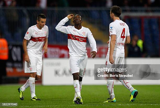 Ibrahima Traore of Stuttgart celebrates his team's third goal during the Bundesliga match between Eintracht Braunschweig and VfB Stuttgart at...