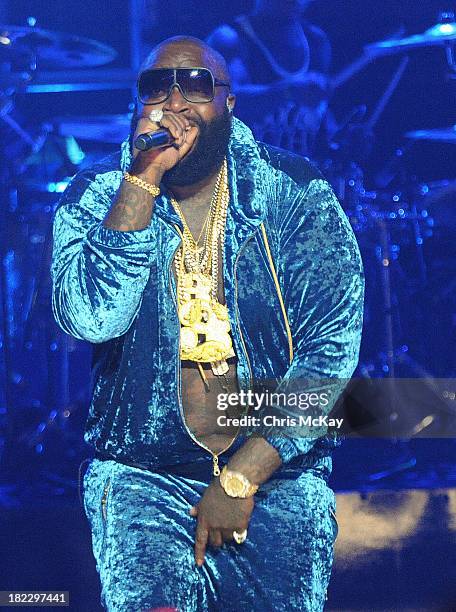 Rick Ross performs during the BET Hip Hop Awards 2013 at the Boisfeuillet Jones Atlanta Civic Center on September 28, 2013 in Atlanta, Georgia.