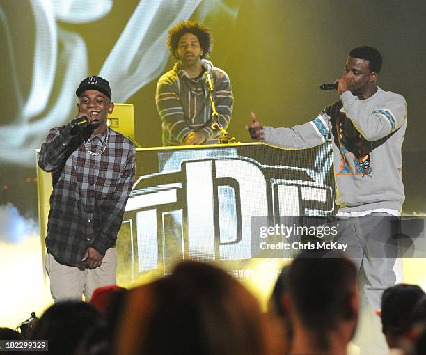 Kendrick Lamar and Jay Rock perform during the BET Hip Hop Awards 2013 at the Boisfeuillet Jones Atlanta Civic Center on September 28, 2013 in...