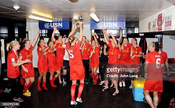 Liverpool Ladies celebrates their win in the dressing room after winning the league following the FA Women's Super League match between Liverpool...
