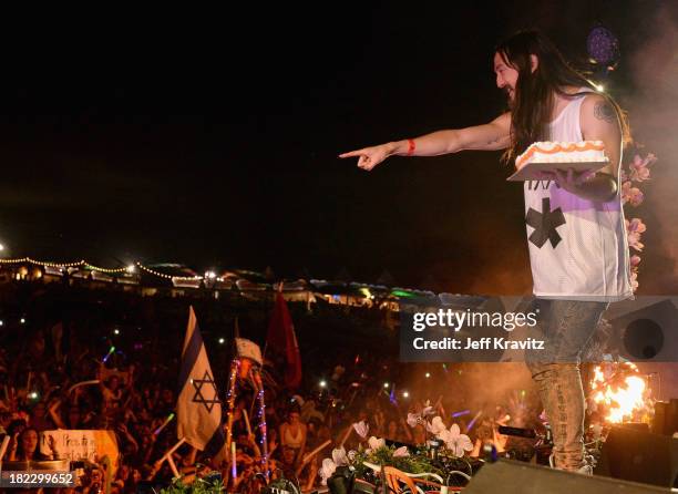 Chattahoochee Hills, GA Steve Aoki onstage at TomorrowWorld Electronic Music Festival on September 28, 2013 in Chattahoochee Hills, Georgia.