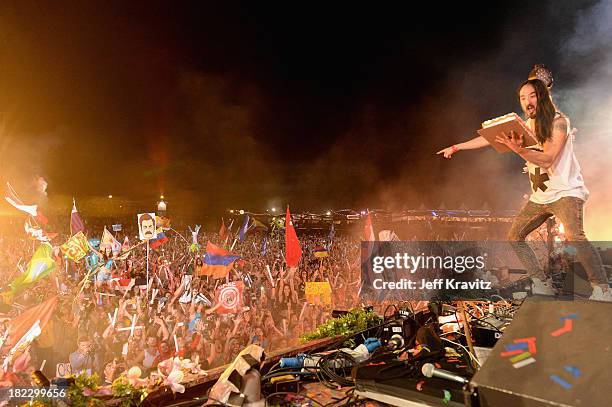 Chattahoochee Hills, GA Steve Aoki onstage at TomorrowWorld Electronic Music Festival on September 28, 2013 in Chattahoochee Hills, Georgia.