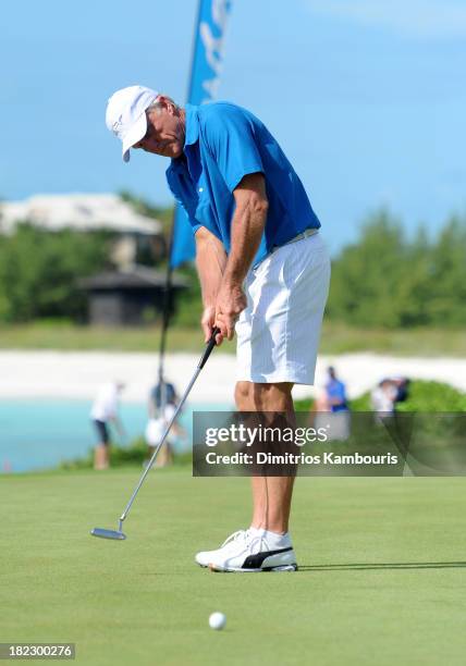 Professional Golfer Greg Norman attends the Golf Clinic with Greg Norman and Golf Tournament during Day Three of the Sandals Emerald Bay Celebrity...