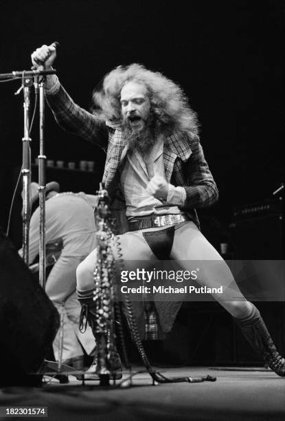 Singer and musician Ian Anderson performing with British progressive rock group Jethro Tull, at Wembley Empire Pool, London, 23rd June 1973.