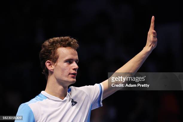 Luca Van Assche of France celebrates winning match point against Alex Michelsen of United States in the fourth round robin during day three of the...