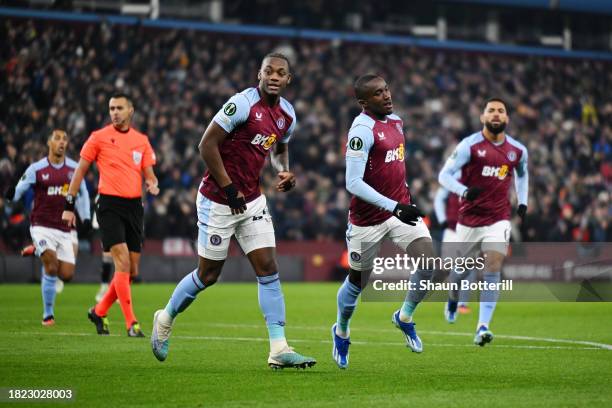 Moussa Diaby of Aston Villa celebrates with teammate, Jhon Duran after scoring the team's first goal during the UEFA Europa Conference League match...