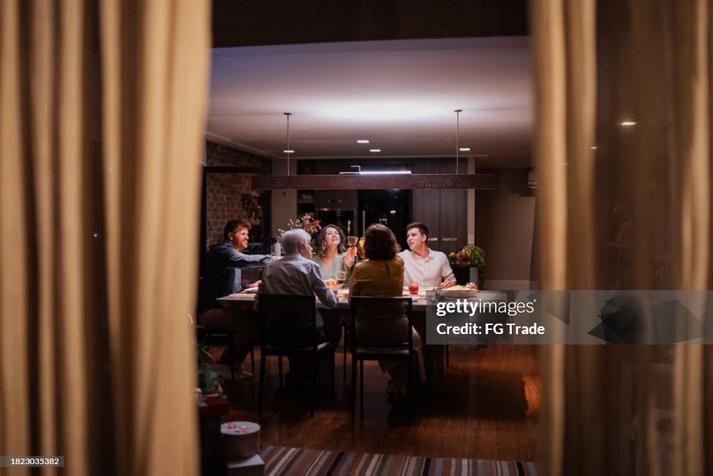 Family on celebratory toast at Christmas dinner