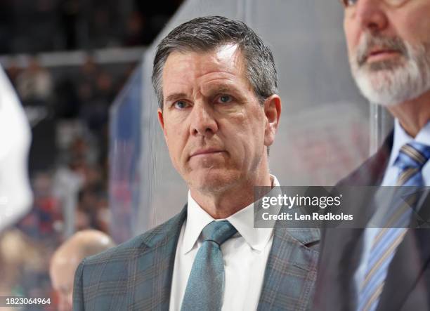 Head Coach of the Pittsburgh Penguins Mike Sullivan looks on during the first period of his team's game against the Philadelphia Flyers at the Wells...