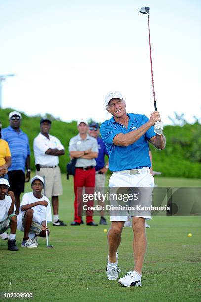 Professional Golfer Greg Norman attends the Sandals Foundation Million Dollar Hole-In-One Shootout and Golf Clinic with Greg Norman during Day Three...