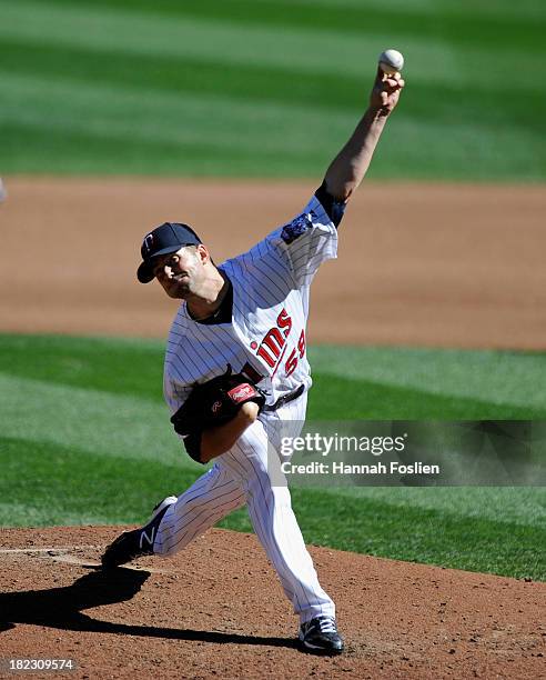 Scott Diamond of the Minnesota Twins delivers a pitch against the Cleveland Indians during the fourth inning of the game on September 29, 2013 at...