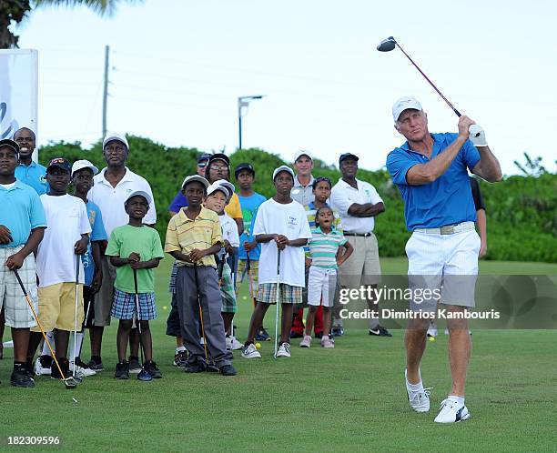 Professional Golfer Greg Norman attends the Sandals Foundation Million Dollar Hole-In-One Shootout and Golf Clinic with Greg Norman during Day Three...