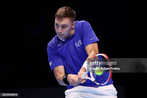 Hamad Medjedovic of Serbia plays a backhand against Abedallah Shebayh of Jordan in the fifth round robin match during day three of the Next Gen ATP...