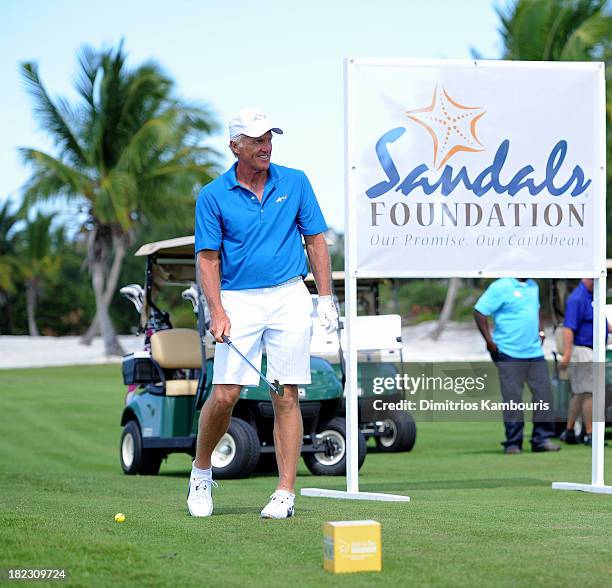 Professional Golfer Greg Norman attends the Sandals Foundation Million Dollar Hole-In-One Shootout and Golf Clinic with Greg Norman during Day Three...