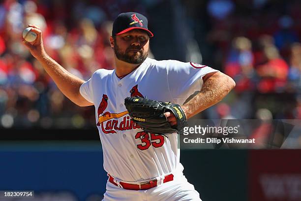 Starter Jake Westbrook of the St. Louis Cardinals pitches against the Chicago Cubs in the first inning at Busch Stadium on September 29, 2013 in St....