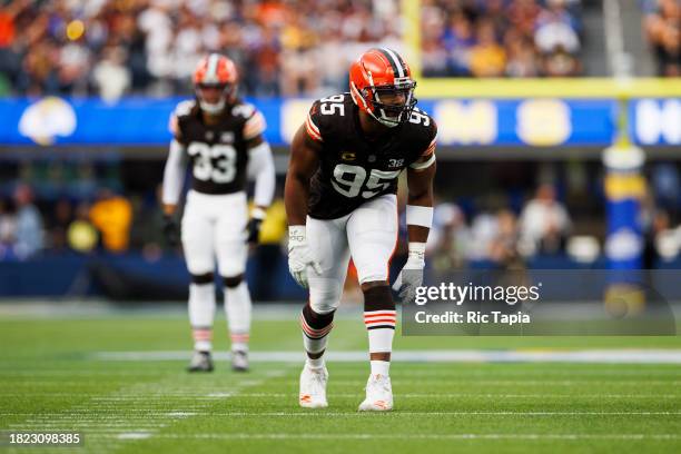 Myles Garrett of the Cleveland Browns in a defensive stance during a game against the Los Angeles Rams at SoFi Stadium on December 03, 2023 in...
