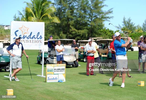 Professional Golfer Greg Norman attends the Sandals Foundation Million Dollar Hole-In-One Shootout and Golf Clinic with Greg Norman during Day Three...