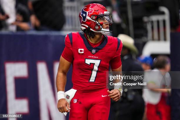 Stroud of the Houston Texans looks on from the field during an NFL football game against the Jacksonville Jaguars at NRG Stadium on November 26, 2023...