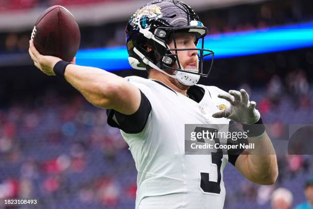 Beathard of the Jacksonville Jaguars warms up prior to an NFL football game against the Houston Texans at NRG Stadium on November 26, 2023 in...