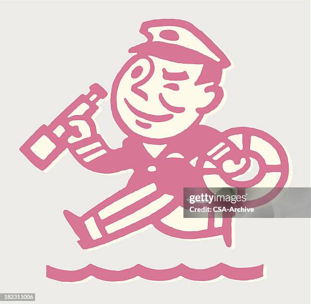 ship captain with telescope and life preserver - boat captain stock illustrations