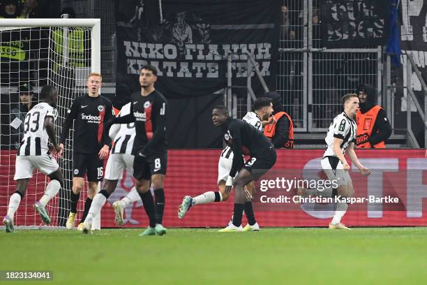 Tomasz Kedziora of PAOK FC celebrates after scoring the team's first goal during the UEFA Europa Conference League match between Eintracht Frankfurt...