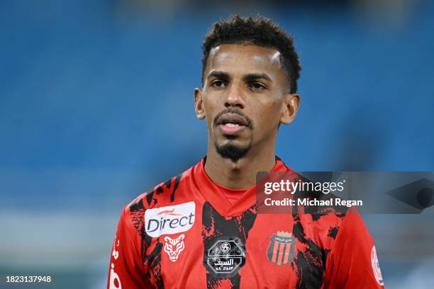 Abdullah al-Khaibari of Al-Riyadh looks on during the Saudi Pro League match between Al-Riyadh and Al-Hazm at Prince Faisal Bin Fahad on November 30,...