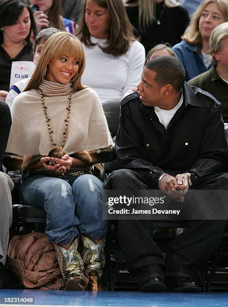 Beyonce Knowles and Jay-Z during Celebrities Attend Houston Rockets vs New York Knicks Game - January 21, 2005 at Madison Square Garden in New York...