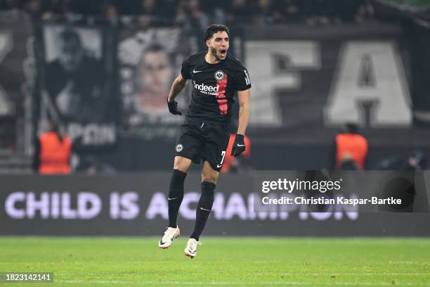 Omar Marmoush of Eintracht Frankfurt celebrates after scoring the team's first goal during the UEFA Europa Conference League match between Eintracht...