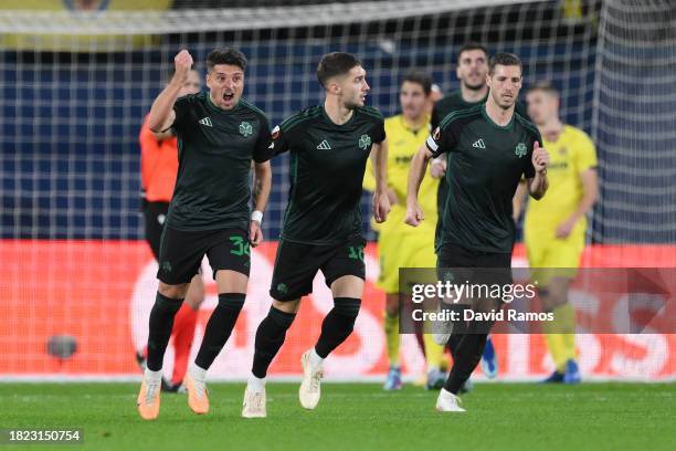 Sebastian Palacios of Panathinaikos celebrates with teammate Adam Gnezda Čerin after scoring the team's first goal during the UEFA Europa League...