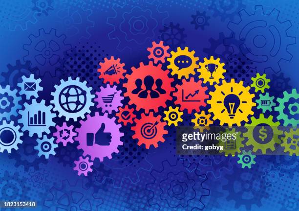 colorful gears business concept - multi coloured megaphone stock illustrations