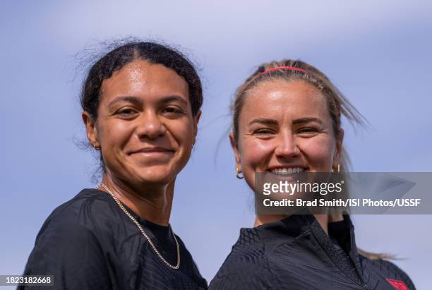 Alana Cook and Lindsey Horan of the United States warm up during USWNT training at Florida Blue Training Center on November 30, 2023 in Fort...