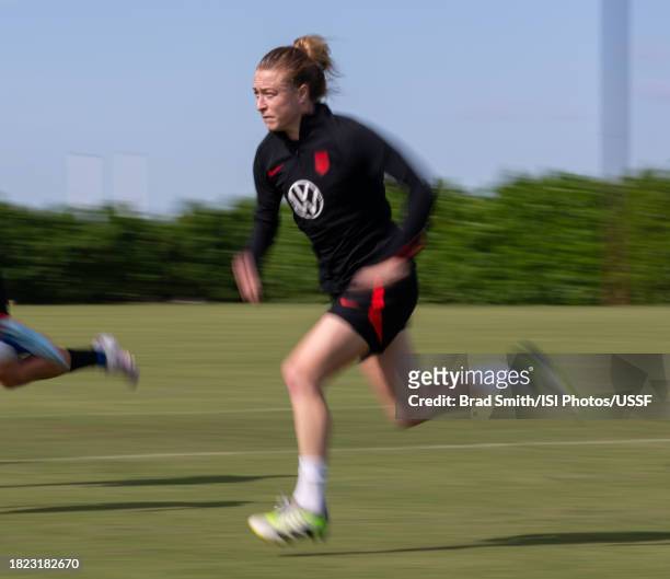 Emily Sonnett of the United States sprints during USWNT training at Florida Blue Training Center on November 30, 2023 in Fort Lauderdale, Florida.